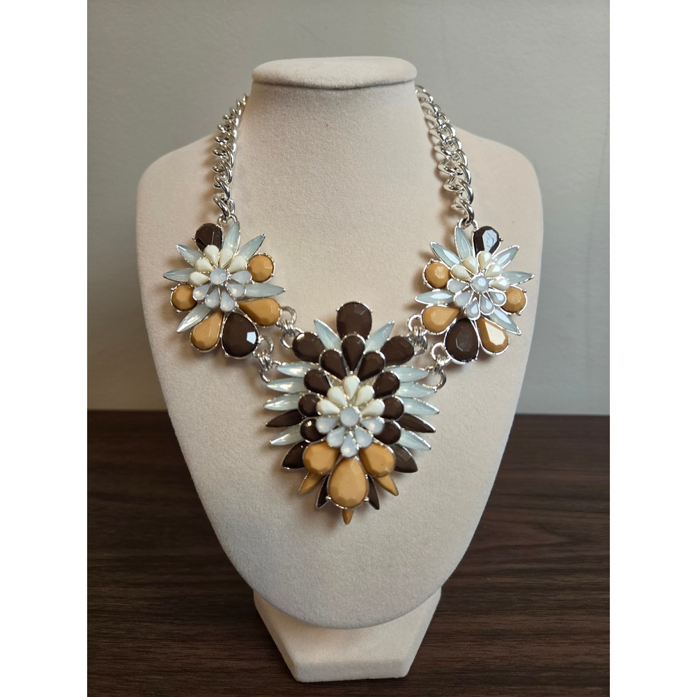 Miche Statement Necklace Silver Tone Brown Tan Cream Resin Floral Bib Jewelry